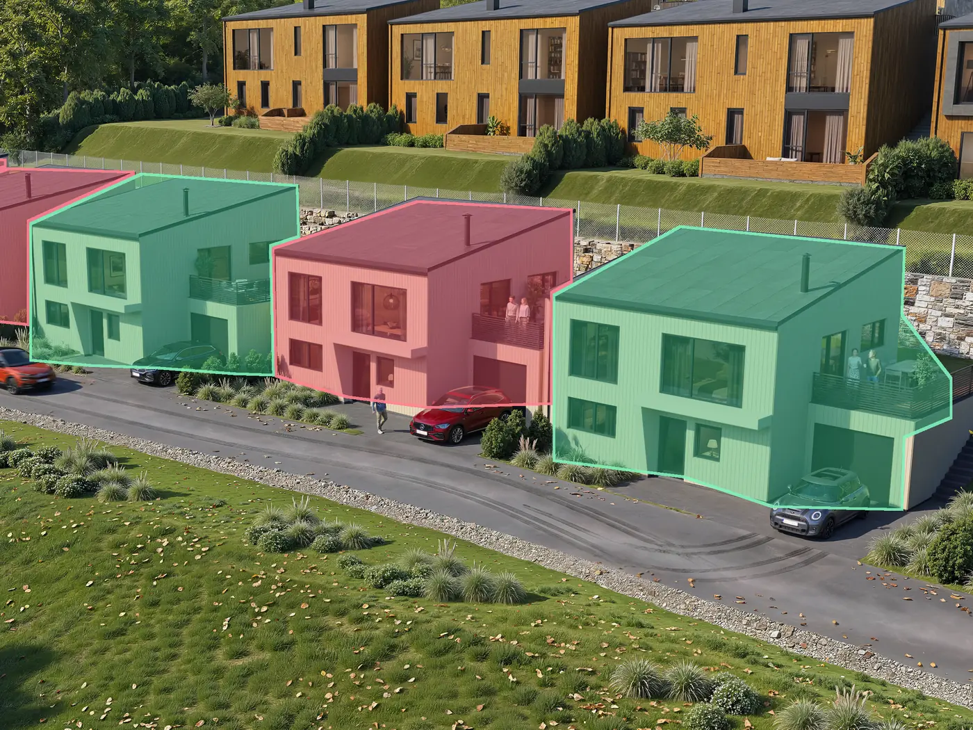 Interaktiv boligvelger der hver bolig er markert i grønt for ledig og rødt for solgt
