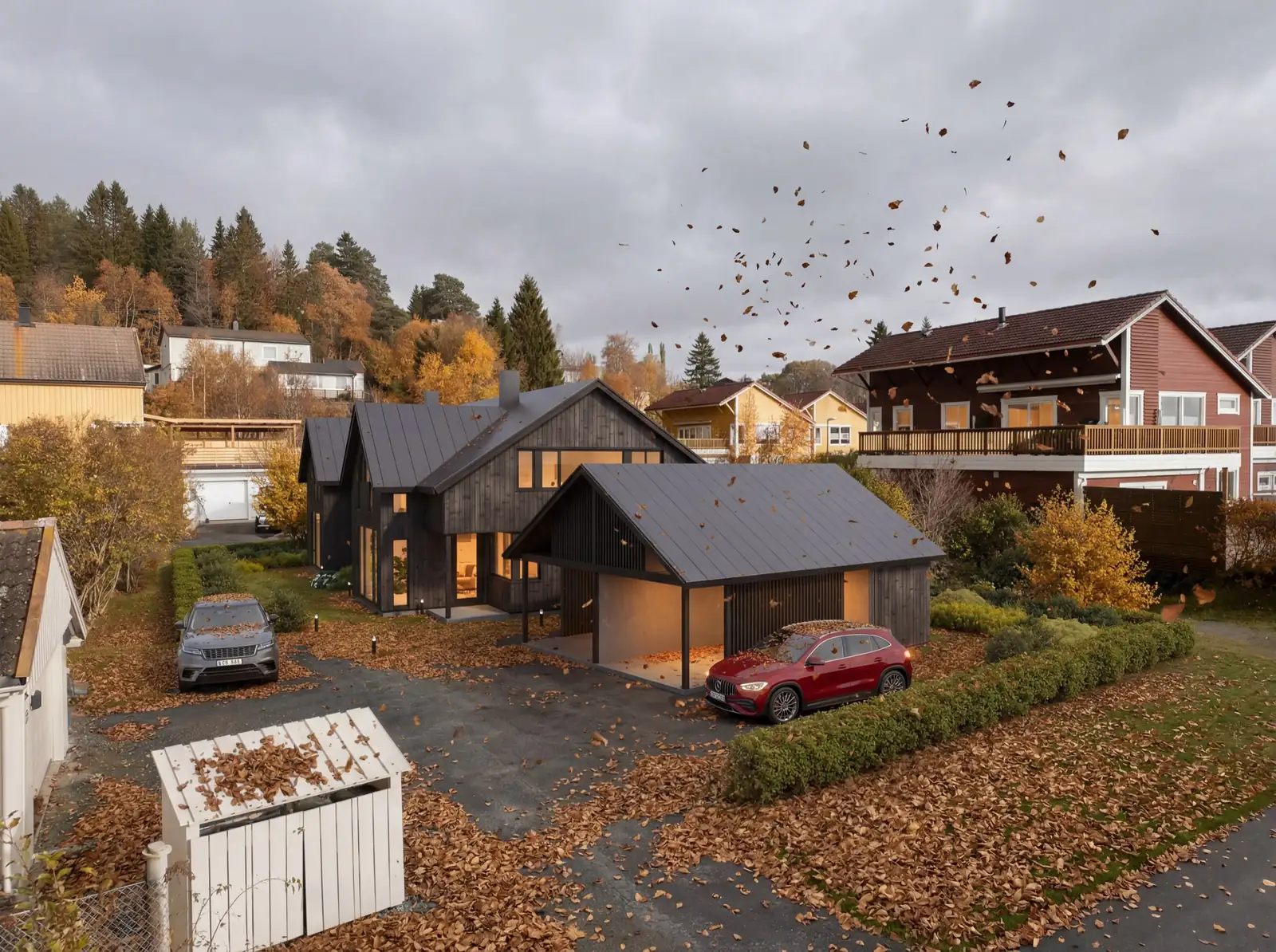 Fotorealistisk eksteriørvisualisering av boligprosjekt brukt som grunnlagsbilde for boligvelger