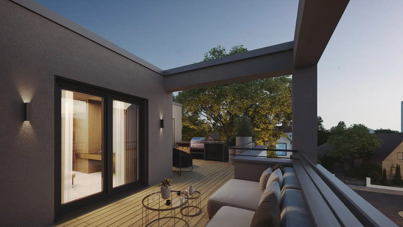 Privat takterrasse med utemøbler, grill og skyvedør inn til opplyst bad i kveldslys