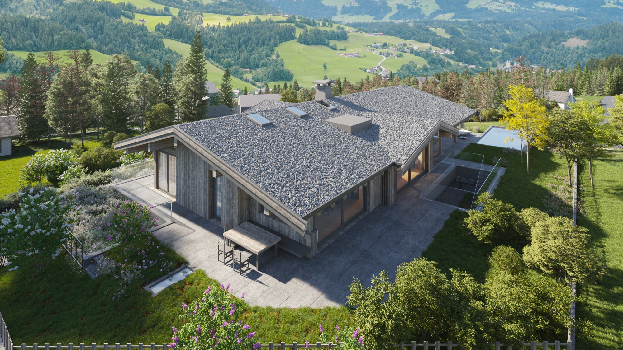 3D visualisering av trehus med fjellpanorama