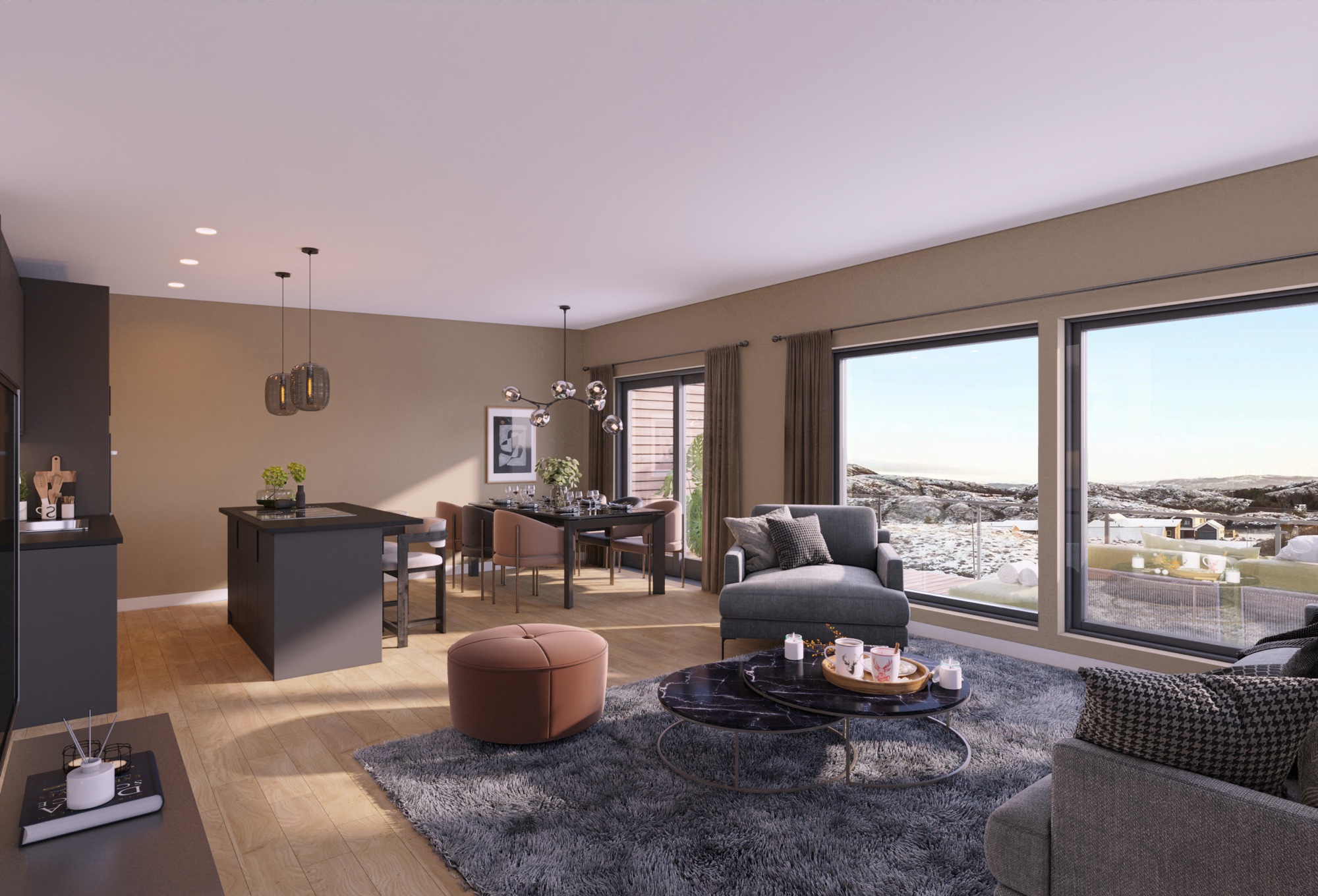 Lyst interiør med panoramavinduer