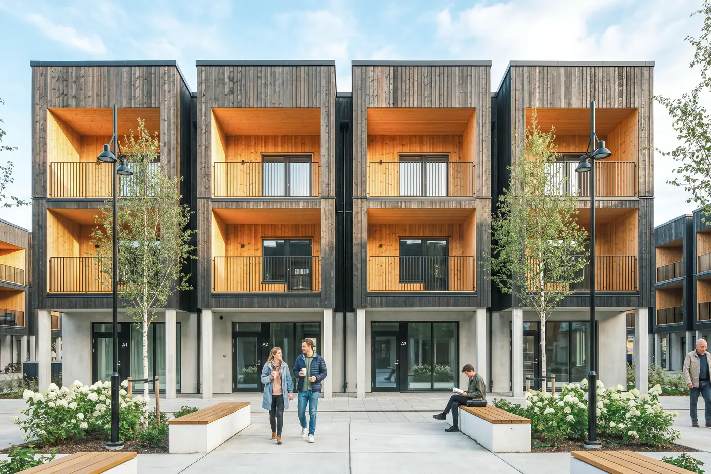 3D-visualisering av boligkvartal med trekledde fasader, innfelte balkonger og felles byrom