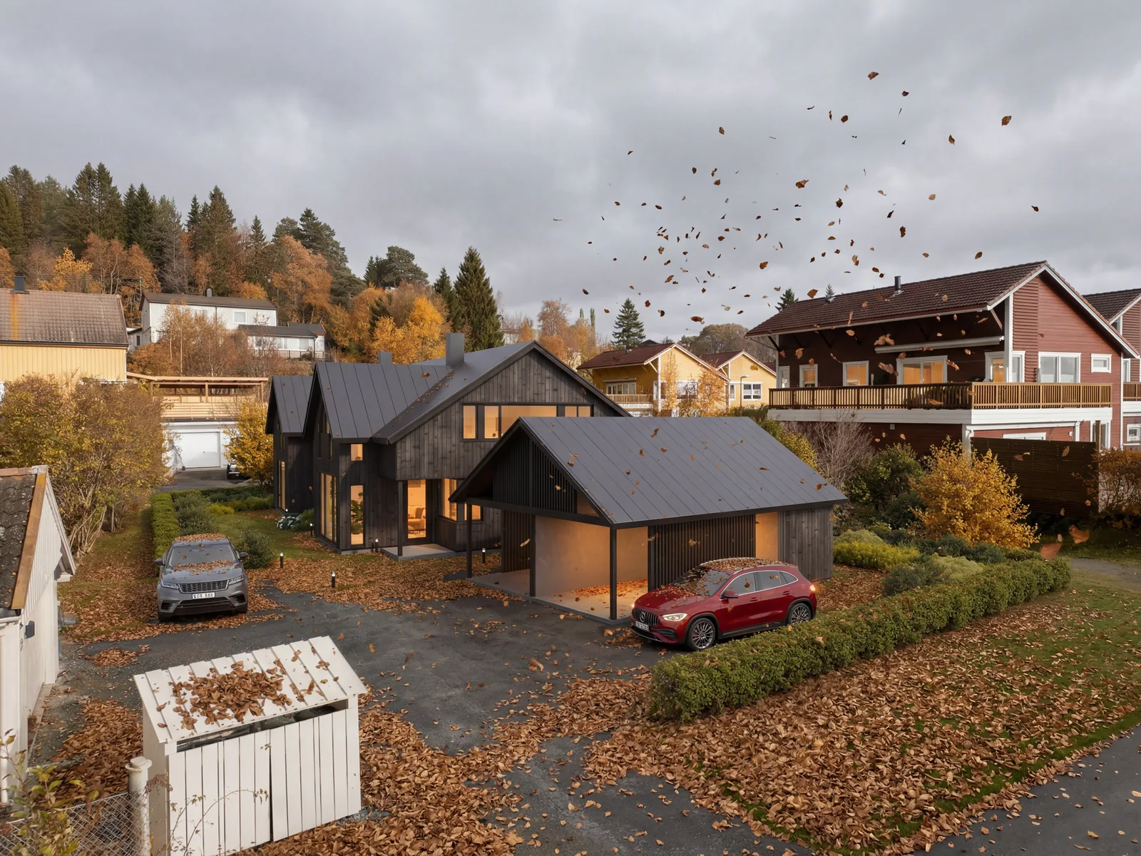 Fotomontasje av mørk trevilla med carport, satt inn i høstlig nabolag