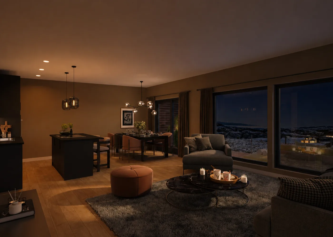 3D-visualisering av stue i kveldslys med vinterutsikt
