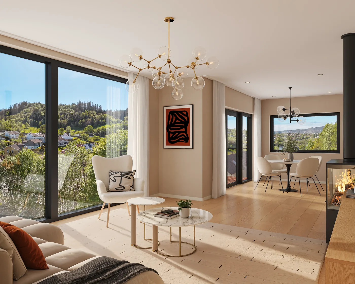 3D-visualisering av lys leilighet med peis og utsikt over dalen