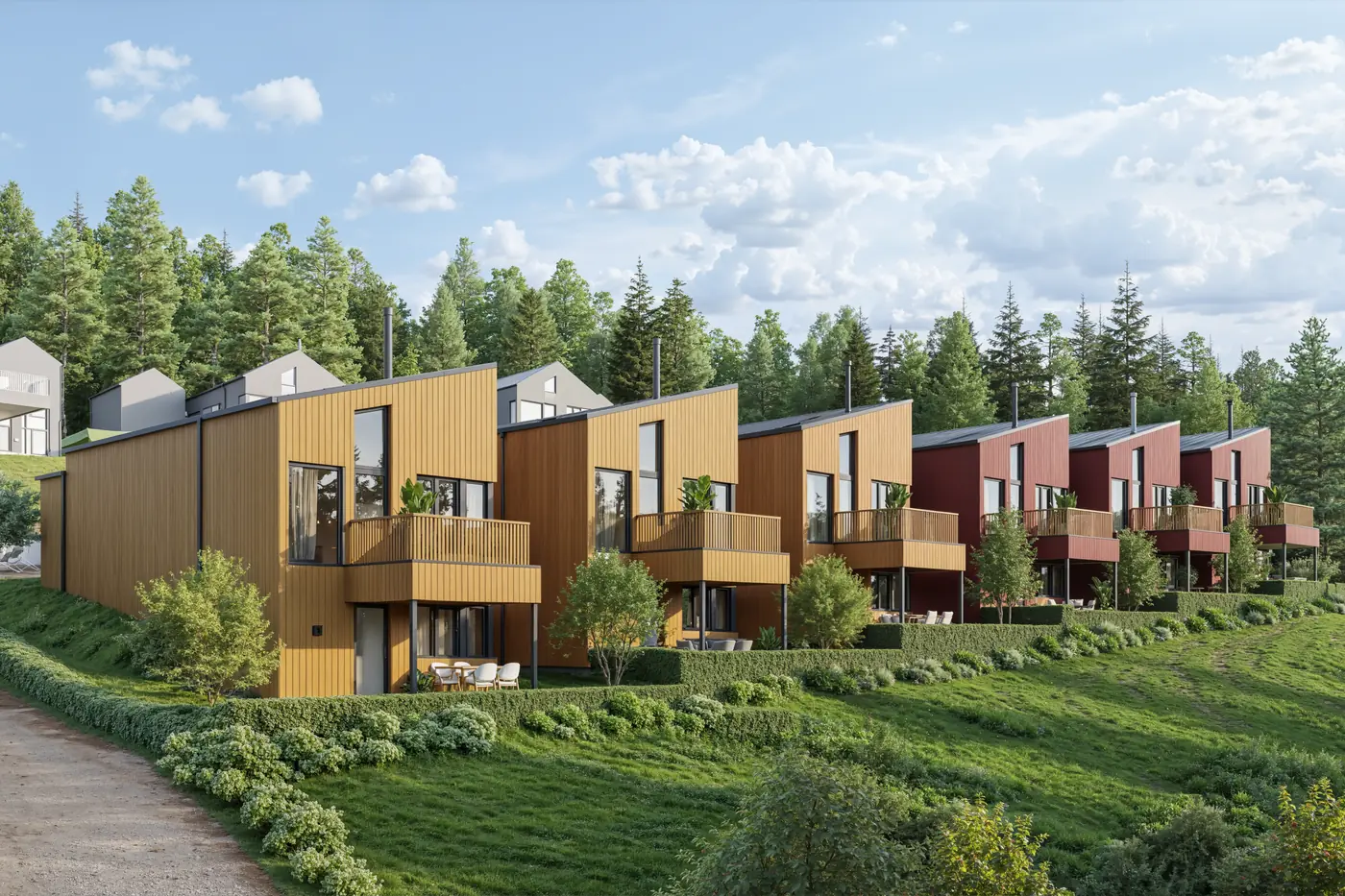 3D-visualisering av rekkehusprosjekt i skråning med trekledning og balkonger