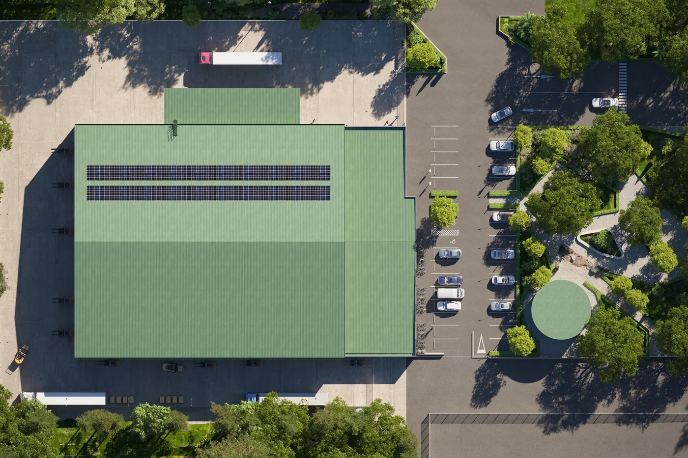 3D-visualisering av varehus med solcellepaneler, sett rett ovenfra