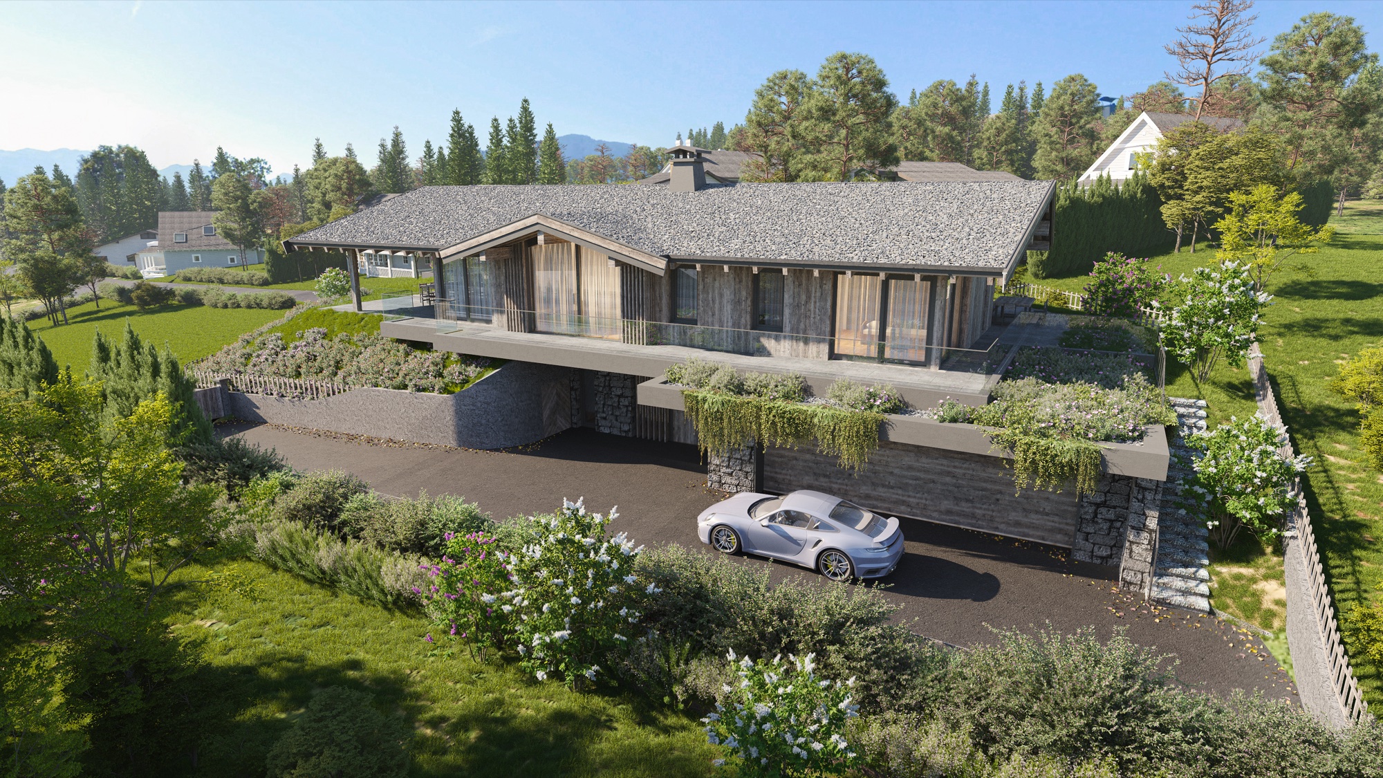 3D visualisering av moderne trevilla i grønt landskap